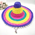 Detail view of colorful Mexican sombrero with white pom-poms and woven texture - Purple Trim Pom-pom Style / 50cm Diameter / Colorful