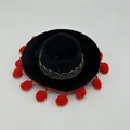Mini black pet Mexican sombrero party hat with red poms and gold trim for small dogs - Black Velvet Red Pom Pom Style (Style 19)