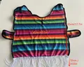 Detailed view of colorful striped Mexican style pet poncho with decorative white fringe detail - M / Rainbow Stripe Cloak Hat Set