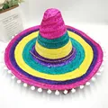 Detailed shot of a colorful Mexican straw hat with white pom-poms and rainbow stripes. - Rose Red Trim Pom-pom Style / 50cm Diameter / Colorful