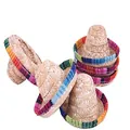 Close-up of mini Mexican straw hats with colorful rainbow trim for bottle decor. - Mexican Straw Hat (Style 2)