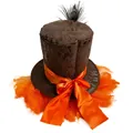 Mini cilindro steampunk marrone con fiocco arancione e piuma nera per Halloween - Cappello Parrucca Arancione Piuma di Pavone (KongQueYuMaoChengSeJiaFaMaoZi)