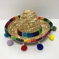 Detailed view of a mini Mexican straw sombrero with colorful pompoms for parties - Straw Woven Colorful Pom-poms Style (2号) / Headband Style / Number 2
