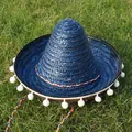 Chapeau de paille sombrero mexicain bleu traditionnel avec pompons blancs pour fête - Diamètre 35cm (Convient aux 2-10 ans) / Bleu