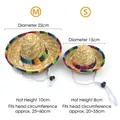 Detailed view showing dimensions for S and M size mini pet Mexican straw hats. - S / Natural Straw Color