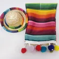 Miniature Mexican straw hat with colorful striped serape scarf for pet or wine bottle - Pompom Style Mini Poncho