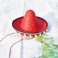 Sombrero mexicain rouge festif avec pompons blancs et mentonnière en corde tressée colorée - Diamètre 35cm (Convient aux 2-10 ans) / Rouge
