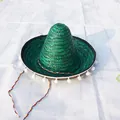 Sombrero mexicain vert en paille avec pompons blancs pour fête costumée et carnaval - Diamètre 35cm (Convient aux 2-10 ans) / Vert