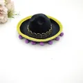 Mini Mexican sombrero headband with gold trim and purple pom-poms for party decor - Black Felt (Style 5) / Diameter 16cm / Black Hat Purple Pom-Pom (Style 5)