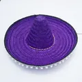 Vibrant purple Mexican straw sombrero hat with white pom-pom fringe for party costume - Diameter 53cm / Purple