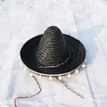 Traditional black Mexican sombrero hat with white pompoms and colorful trim for parties. - Diameter 35cm (Fits 2-10 Years) / Black