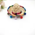Detail view of mini Mexican sombrero straw hat with colorful pompoms and striped trim - Natural Straw (Style 9) / Diameter 16cm / Straw Hat Multicolor Pom-Pom (Style 9)