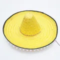 Traditional yellow Mexican straw sombrero hat with white pompom trim for party - Diameter 53cm / Yellow