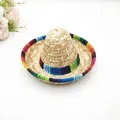 Detail of mini straw sombrero hat with vibrant rainbow striped brim and band - Natural Straw (Style 10) / Diameter 16cm / Plain Straw Hat (Style 10)