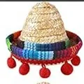 Mini Mexican straw hat featuring a colorful woven brim and red pom-poms for pet accessories - Red Pompom Hat