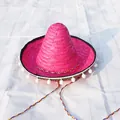 Bright pink Mexican straw sombrero with white pompoms for party costume - Diameter 35cm (Fits 2-10 Years) / Rose Red