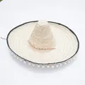 Classic Mexican straw sombrero hat with white pom-pom trim for festival party costume wear - Diameter 53cm / Beige