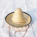 Mexican straw sombrero party hat with white pom-poms and colorful braided strap - Diameter 35cm (Fits 2-10 Years) / Original Color
