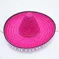 Vibrant pink Mexican straw sombrero hat with decorative white pom-poms for carnival events - Diameter 53cm / Rose Red