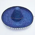 Blue Mexican straw sombrero hat with white pompoms for festival party costumes - Diameter 53cm / Dark Blue