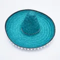 Vibrant blue Mexican straw sombrero party hat with decorative white pom-pom trim - Diameter 53cm / Green