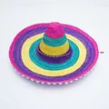 Colorful Mexican straw hat with pom-pom trim for carnival and Halloween parties - Colorful Ring with White Pom-Poms / Diameter 53cm / Multicolor