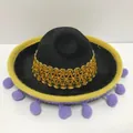 Mini sombrero messicano nero con pompon viola e rifiniture in treccia dorata top - Taglia 12