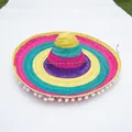 Colorful Mexican sombrero straw hat with white pom-pom trim for festive party costumes - Colorful Ring with White Pom-Poms / Diameter 47cm / Multicolor