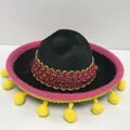 Mini cappello sombrero messicano per feste in feltro nero con bordo rosa e pompon gialli - Taglia 13