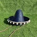 Traditionele blauwe Mexicaanse strohoed met witte pompons voor feestkostuums. - Diameter 33-35cm / Met Witte Pompons / Blauw