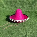 Levendige roze Mexicaanse sombrero strohoed met witte pompons voor Halloween-feestjes - Diameter 33-35cm / Met Witte Pompons / Rozerood