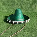 Traditional green Mexican straw sombrero hat with white pom-poms for festive parties - Diameter 33-35cm / With White Pompoms / Green
