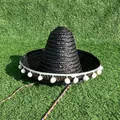 Black Mexican straw sombrero with white pom-poms and colorful chin strap - Diameter 33-35cm / With White Pompoms / Black