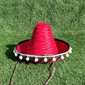 Vibrant red Mexican straw hat decorated with white pom-poms for Halloween party performance. - Diameter 33-35cm / With White Pompoms / Red