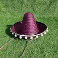 Purple woven Mexican straw hat with white pom-poms and colorful straps for carnival party - Diameter 33-35cm / With White Pompoms / Purple