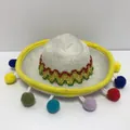 Mini cappello sombrero messicano in feltro bianco con pon pon colorati e nastro dorato - Taglia 19