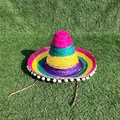 Vibrant striped Mexican straw sombrero hat with white pompom trim for festivals - Diameter 33-35cm / With White Pompoms / Multicolor With White Ball