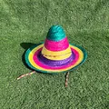 Vibrant multi-colored striped Mexican straw sombrero hat for festive carnival costumes - Diameter 33-35cm / No White Pompoms / Multicolor Without Pompoms