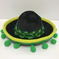 Grazioso mini cappello messicano nero con pompon verdi e bordo giallo per le feste - Taglia 22