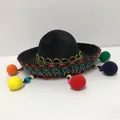 Mini cappello sombrero messicano in feltro nero con pompon colorati per decorazioni - No. 25