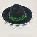 Mini sombrero messicano in feltro nero con bordo verde oro e pompon bianchi per festa - 40