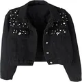 Schwarze Damen-Jeansjacke kurz geschnitten mit weißen Perlen-Applikationen an den Schultern. - S / Tops / Schwarz