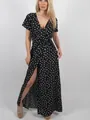 Elegant black and white polka dot maxi dress with V-neck and high slit detail - S / Top And Bottom / Black