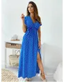 Elegante abito lungo estivo blu a pois bianchi con uno scollo a V molto raffinato - Taglia S / Top E Pantaloni / Blu