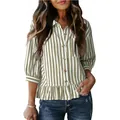 Elegante camicia a righe verdi con maniche a 3/4 e orlo a volant per donna chic - S / Tops / Verde Militare Chiaro