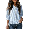 Camicia a righe blu e bianche da donna con bottoni, maniche a 3/4 e orlo a balze - 2XL / Tops / Azzurro