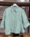 Casual green and white vertical striped shirt with ruffled hem and buttons for women. - S / Tops / Green