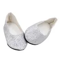 Close-up detail of shiny silver glitter flat shoes for 18-inch American girl dolls - Silver Sequins (SH-0020-5)