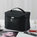 Large capacity black travel makeup bag with embossed lettering pattern and handle - Black Letter