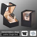 Caja rotador de reloj automático en cuero avestruz negro con interior beige para un reloj - Estilo de ranura única 1+0 (Cuero de avestruz negro + Forro de terciopelo beige) / Negro